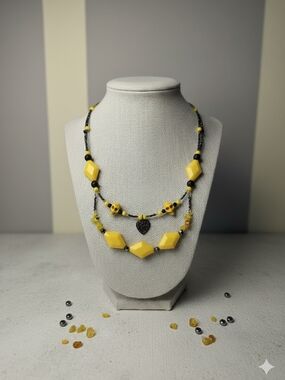 Yellow and Black Multi-Strand Beaded Necklace with Heart Pendant